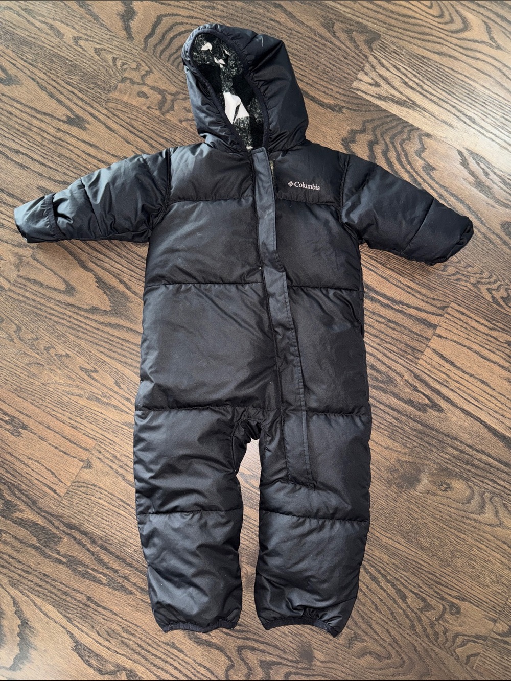 Columbia Black Puffy One-Piece Snowsuit with Plaid Lining